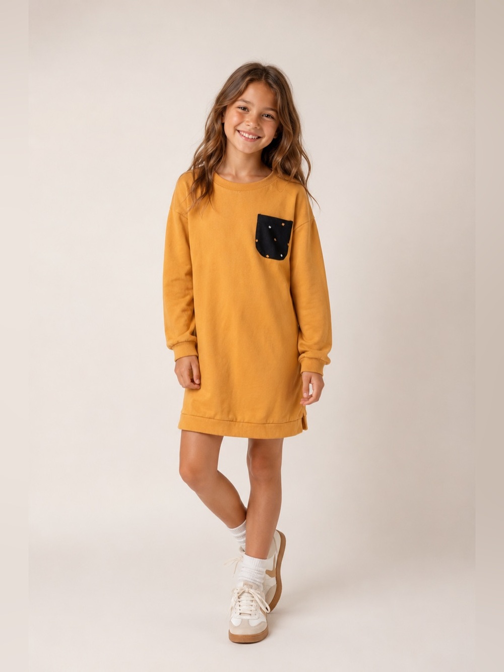 Miles Mustard Girls Sweatshirt Dress Size 7 French Terry Pocket Cozy Kids